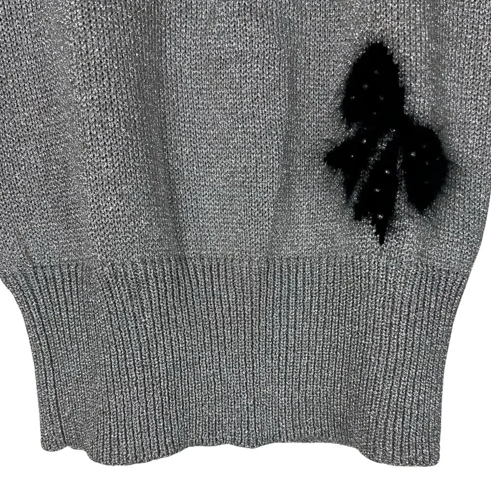 Vintage Smith St. John Metallic Lurex Holiday Sweater Bow Pearl Glam M - Picture 8 of 10